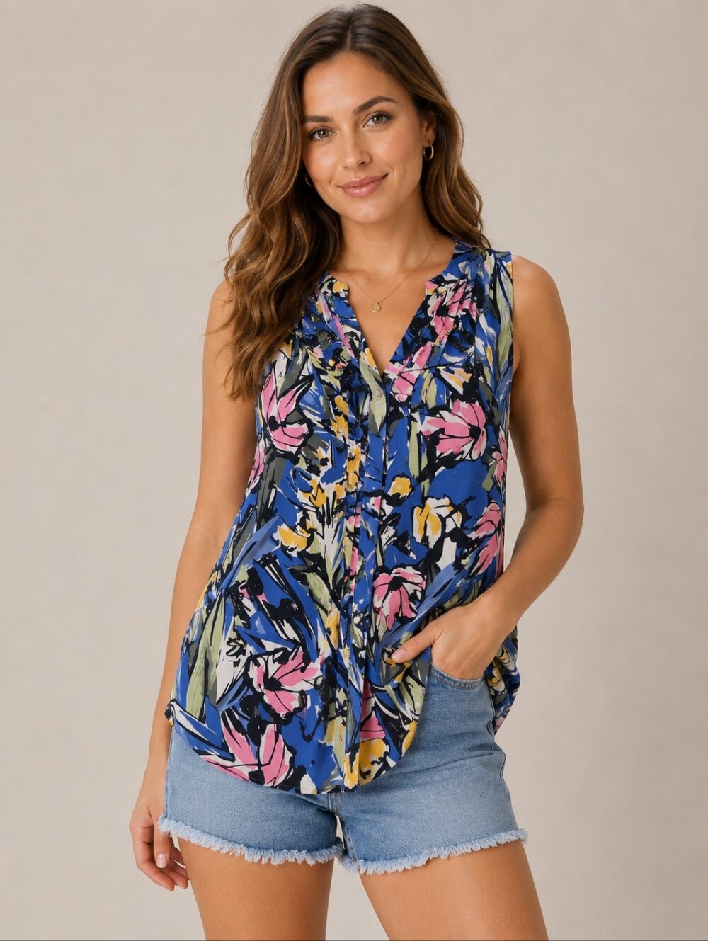 Lush Sleeveless Floral V-Neck Top in Blue and Pink